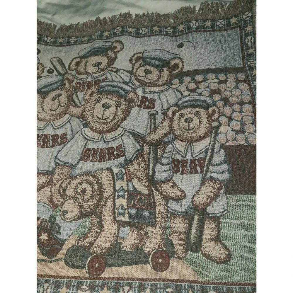 Nita Showers Teddy Bear Baseball Woven Tapestry Throw Blanket Fringed 39x33